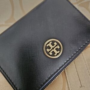 Tory Burch Black Leather Zip Card Case with Gold Logo Emblem